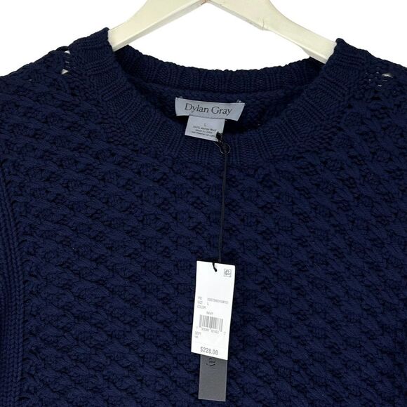 New Dylan Gray Men Navy Merino Wool Sweater Cabled Yoke Pullover US L - Picture 4 of 11